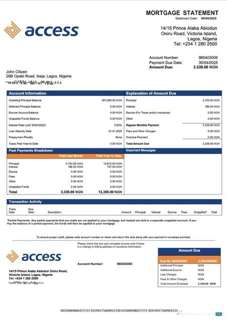 Download Nigeria Access Bank mortgage statement Word and PDF template Photoshop template